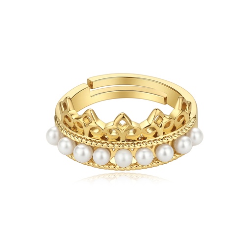 [SZ05R0237] Elegant Brass Crown Ring with White Faux Pearl Embellishments