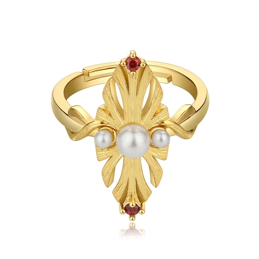 [SZ05R0238] Elegant Gothic Pearl Ring with Cross and Red Gemstones