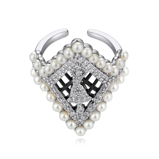 [SZ05R0357] Regal Pearl Statement Ring with Silhouette and Crystal Pavé