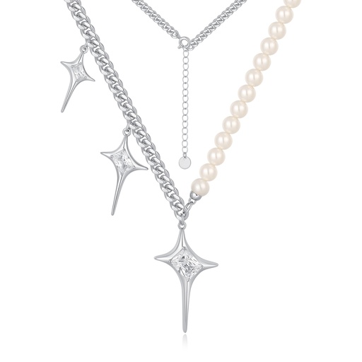 [UK02N0001] Celestial Star Pendant Necklace with Pearl and Chain Layers