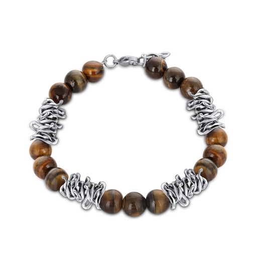 [DJ01B0051-1] Natural Tiger Eye Bracelet with Silver Stainless Steel Knot Accents