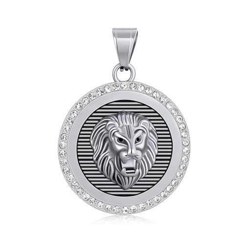 [DJ01P0014] Fierce Lion Head Stainless Steel Pendant with Crystal Accents