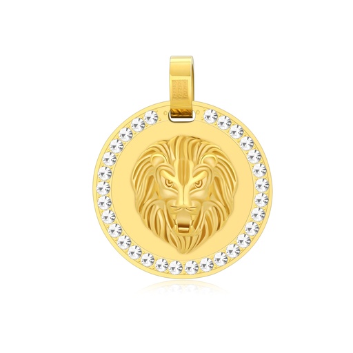 [DJ01P0040] Round Gold Lion Head Pendant with Crystals – Bold Stainless Steel Jewelry