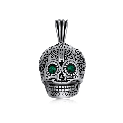 [DJ01P0055] Sugar Skull Stainless Steel Pendant with Green Gemstone Eyes