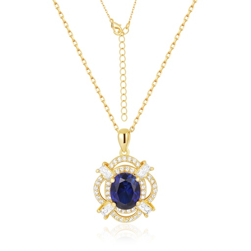 [PD02N0183] Elegant Sapphire Blue Stone Pendant Necklace with Gold Brass Chain