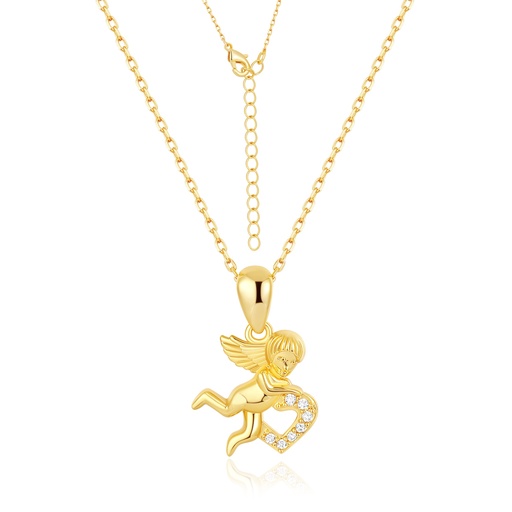 [PD02N0186] Gold Brass Angel Necklace Holding Heart With CZ Accents