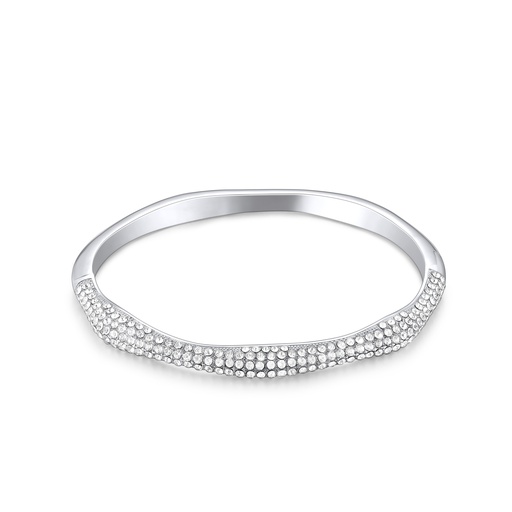 Silver Pavé Stainless Steel Bangle with Faceted Contour and Brilliant Shine
