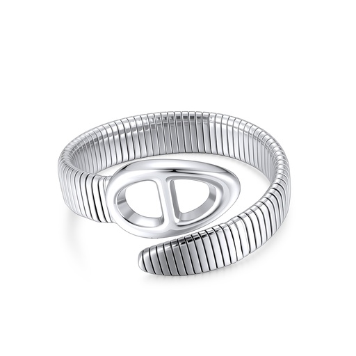 Modern Ribbed Stainless Steel Coil Bracelet with Abstract Loop Front