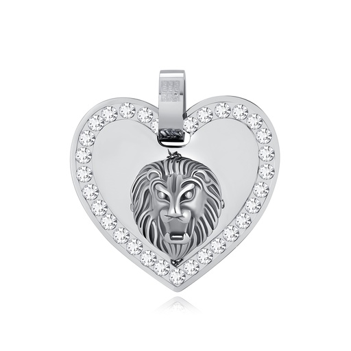 Lion Head Heart Pendant with Crystal Accents, Stainless Steel