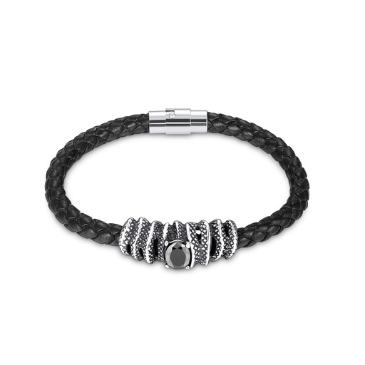 Braided Black Leather Bracelet with Stainless Steel and Crystal Beads