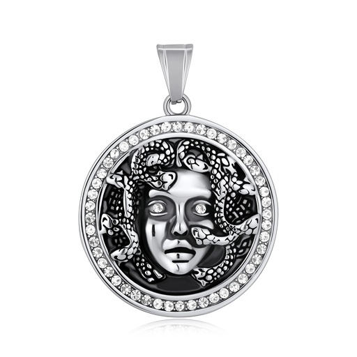 Floral Mandala Stainless Steel Pendant with Black Center Stone