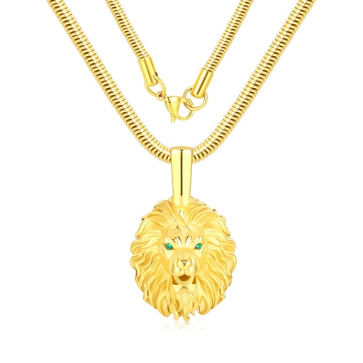 Bold Lion Head Pendant with Green Eyes, Gold Necklace