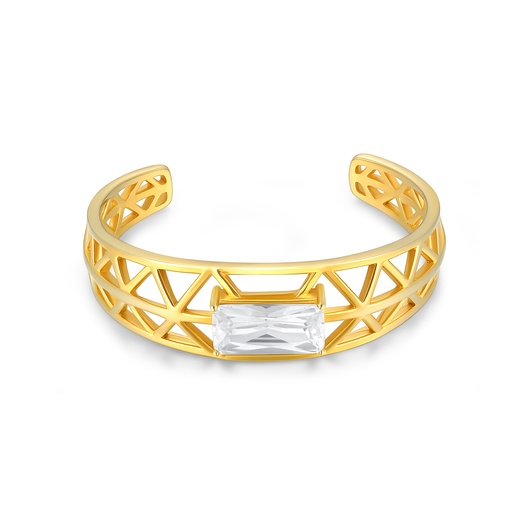 Geometric Gold Stainless Steel Cuff Bracelet with Clear Baguette Crystal