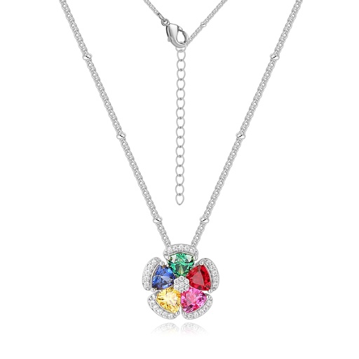 Colorful Flower Pendant Necklace with Sparkling Zirconia in Silver