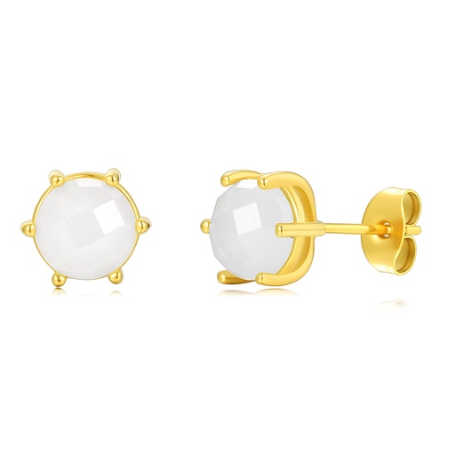 Gold Stainless Steel Round Stud Earrings with White Stone Accent