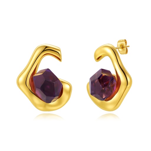 Modern Gold-Tone Stainless Steel Earrings with Purple Geometric Stones