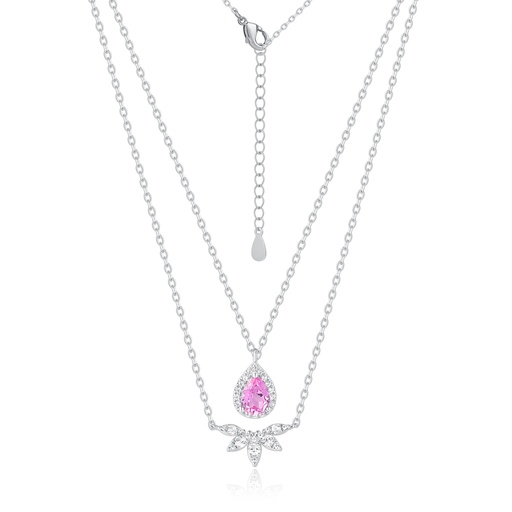 Layered Pink Teardrop Stainless Steel Necklace with Crystal Accents