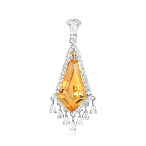Stainless Steel Pendant with Geometric Yellow Gem and Crystal Tassels