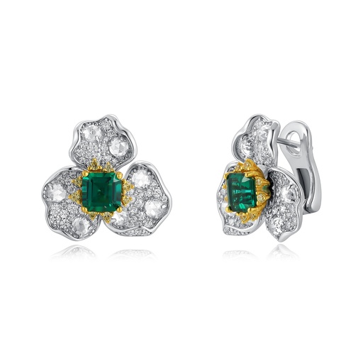 Floral Stainless Steel Earrings with Green and White Crystals