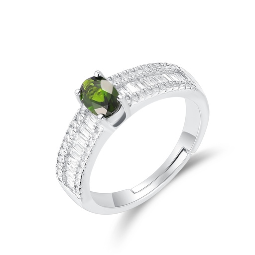 Silver Stainless Steel Ring with Green Gemstone and Zircon Accents