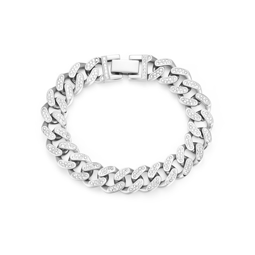 Stainless Steel Cuban Link Bracelet with Pave Crystal Detailing