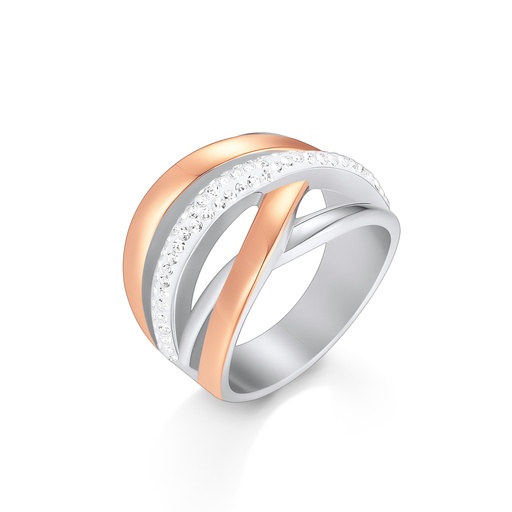 Elegant Rose Gold and Silver Stainless Steel Crystal Crossover Ring