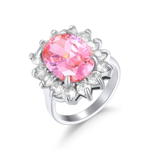 Elegant Stainless Steel Ring with Pink Gemstone and Crystal Halo