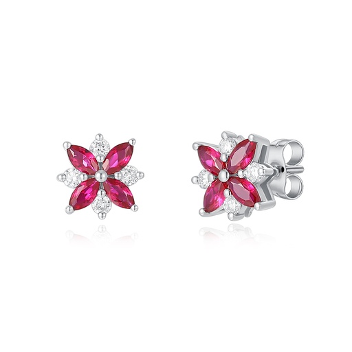 Elegant Ruby Flower Stud Earrings with Sparkling Diamond Accents