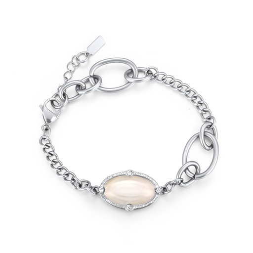 Elegant Silver Chain Bracelet with Oval White Gemstone Accent