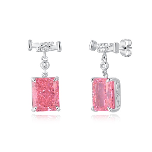 Stainless Steel Drop Earrings with Sparkling Pink Rectangle Gemstones