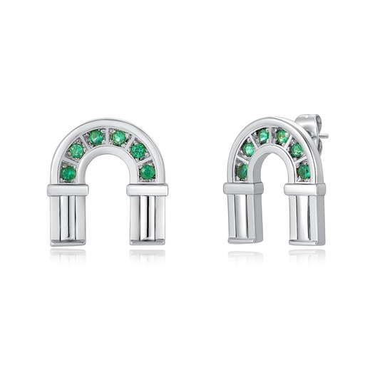 Contemporary Silver Stainless Steel Earrings with Green Crystal Arch Design