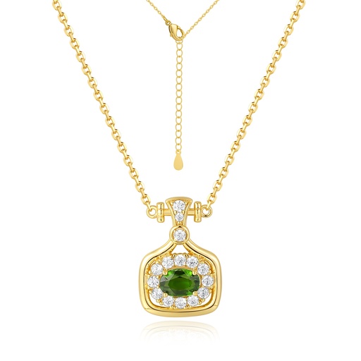 Gold Stainless Steel Necklace with Green Gemstone and Crystal Halo
