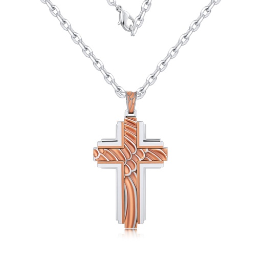 Stainless Steel Cross Pendant Necklace with Rose Gold Inlay Design