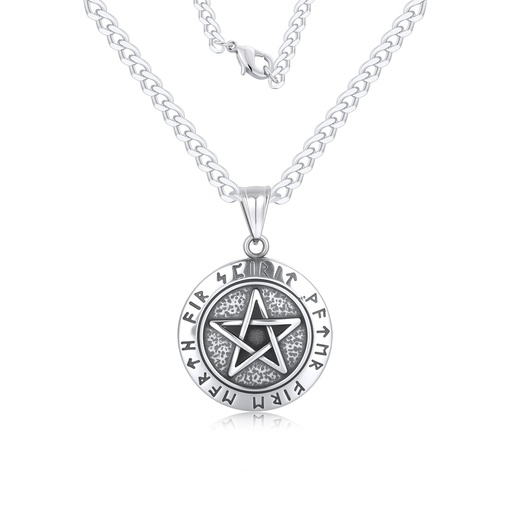 Stainless Steel Pentagram Pendant Necklace with Engraved Rune Circle