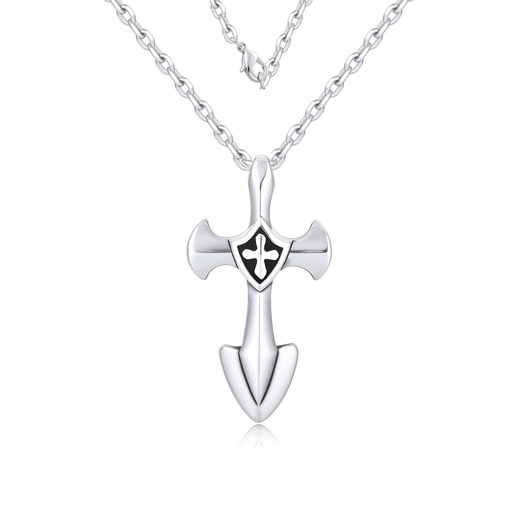 Stainless Steel Sword Cross Pendant Necklace with Shield Centerpiece