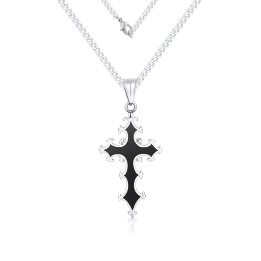 Stainless Steel Gothic Cross Pendant Necklace with Black Enamel Design