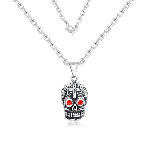 Stainless Steel Skull Pendant Necklace with Red Crystal Eyes