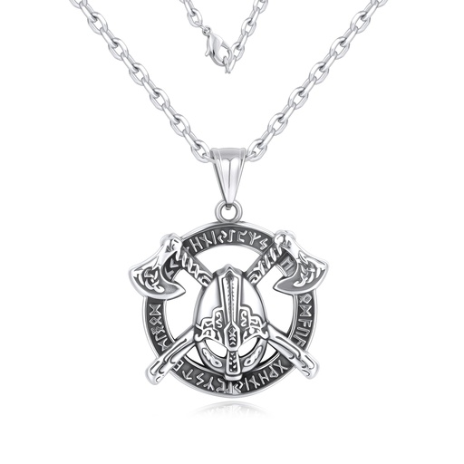 Viking Warrior Pendant Necklace with Helmet, Axes and Rune Design