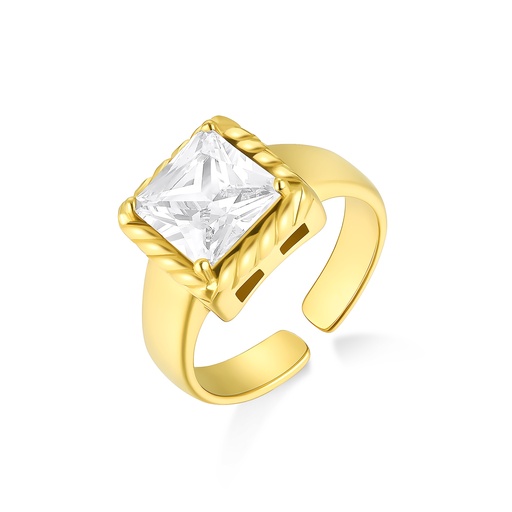 Gold Stainless Steel Adjustable Ring with Square-Cut Clear Crystal