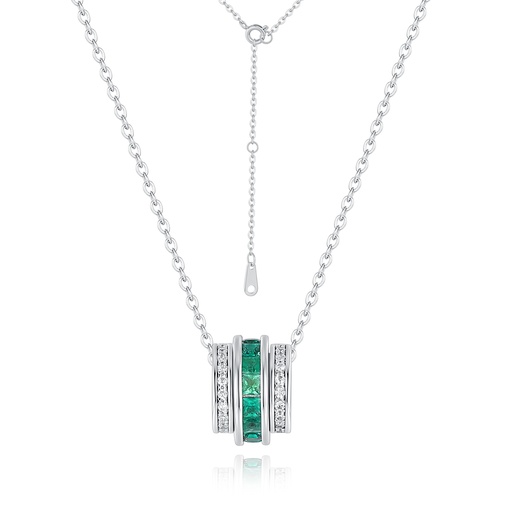Stainless Steel Necklace with Green Gemstone Cylinder and Crystal Accents
