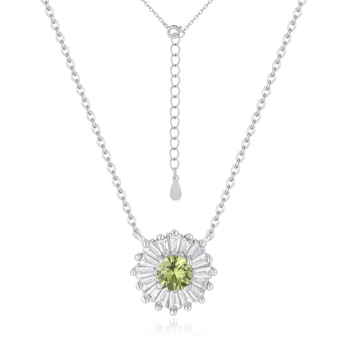 Stainless Steel Necklace with Green Gem and Radiant Crystal Halo