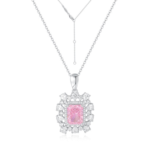 Stainless Steel Necklace with Pink Gemstone and Crystal Halo