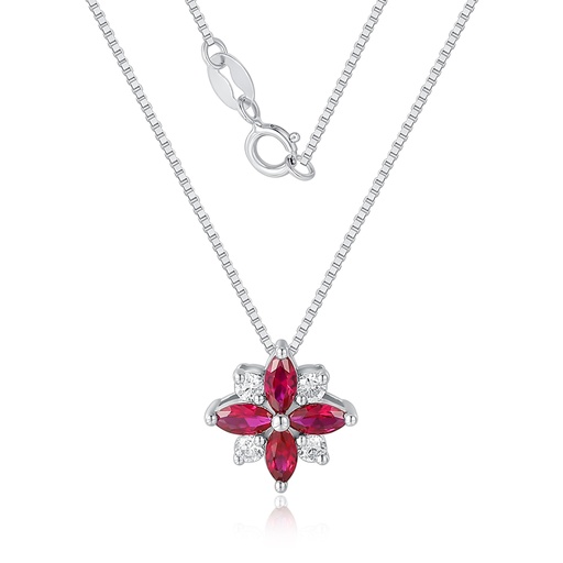 Stainless Steel Necklace with Red Flower Pendant and Crystal Details