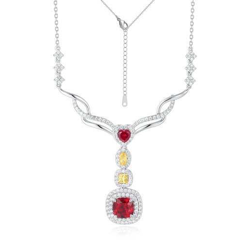 Stainless Steel Necklace with Red and Yellow Crystal Accents