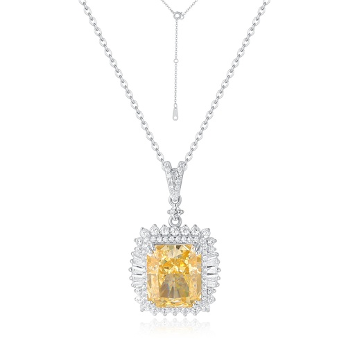 Stainless Steel Necklace with Yellow Square Crystal and Halo Design