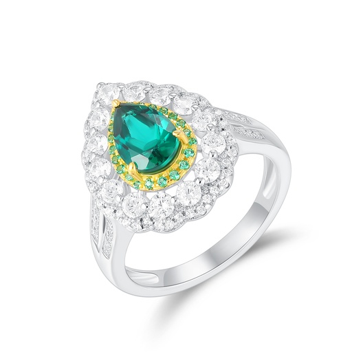 Stainless Steel Emerald Teardrop Ring with Sparkling Crystal Accents