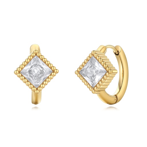 [DJ01E0135] Gold Stainless Steel Hoop Earrings with Square CZ Centerpiece