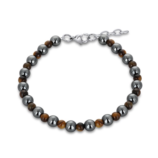 [DJ02B0006] Hematite and Tiger Eye Stone Beaded Stainless Steel Bracelet