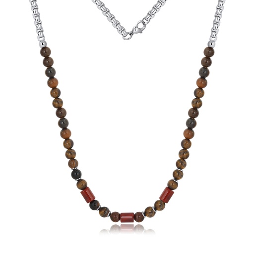 [DJ02N0004] Tiger Eye & Red Cylinder Stone Necklace