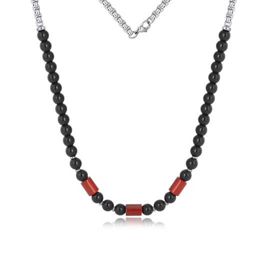 [DJ02N0005] Modern Black and Red Beaded Stainless Steel Necklace for Bold Styling